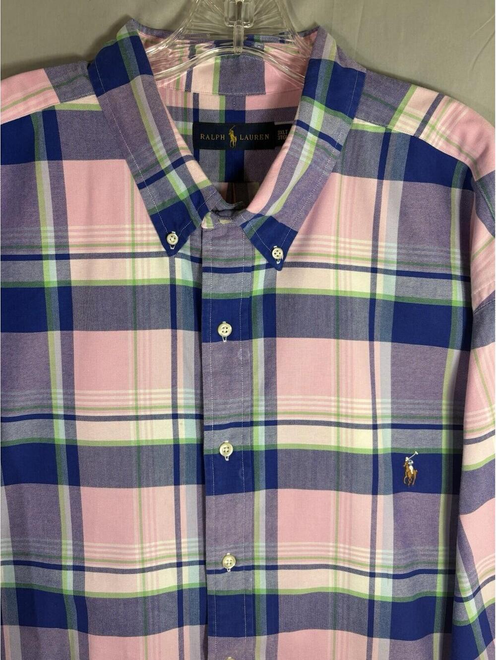 Ralph Lauren 3XLT Plaid Button Down Oxford Shirt Pink Blue Green Cotton Big